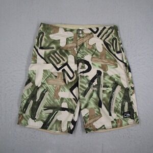 Quiksilver Mens Board Shorts Size 33 Green Tan Abstract Print Swim Trunks Y2K